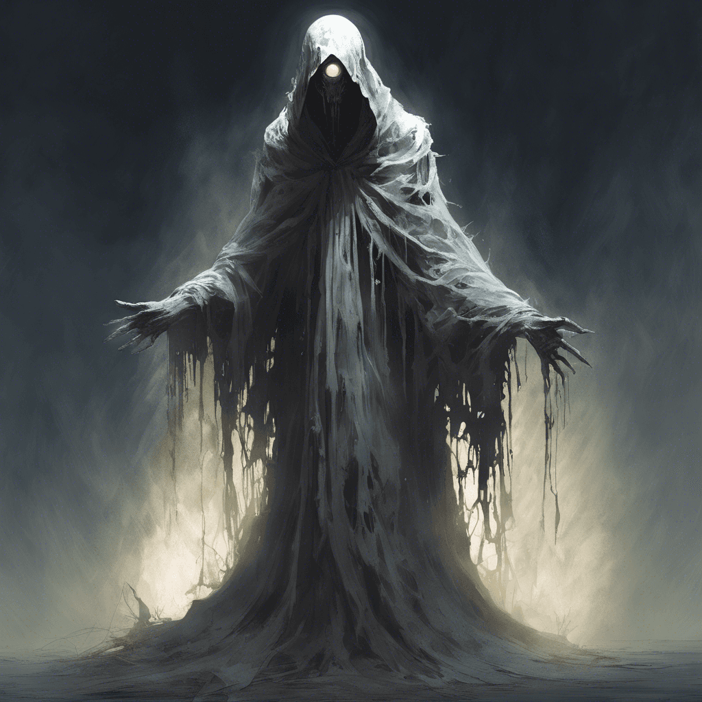 A spectral figure clad in tattered robes, its form constantly shifting between solid and incorporeal. Its eyes glow with a malevolent light, and its eerie whispers chill the air around it.