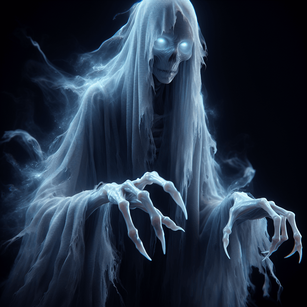 A translucent figure with tattered robes floating mid-air, its eyes glowing with a faint blue light, and elongated fingers that reach out as if to grasp something unseen.