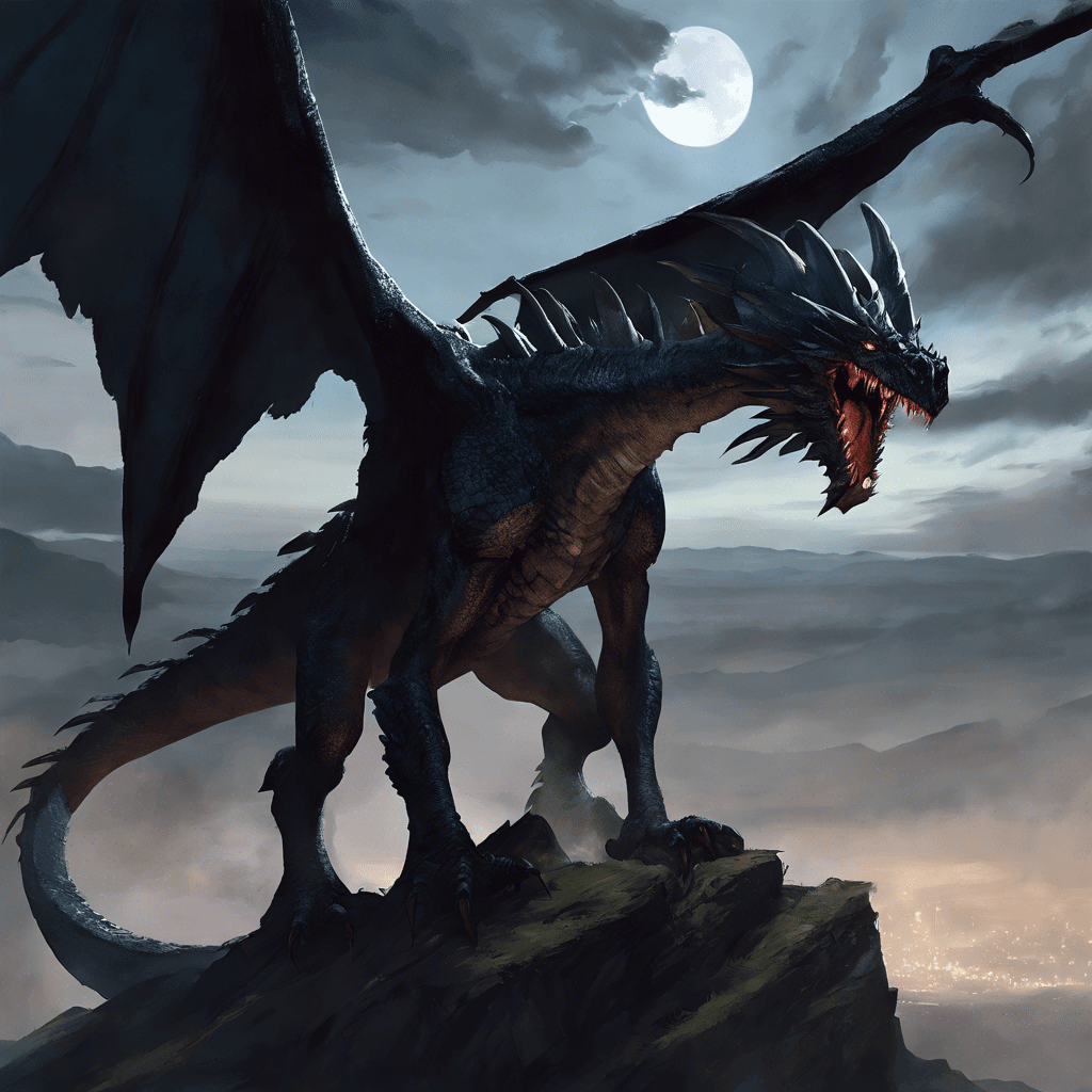 A massive wyvern looms above, scales glistening like obsidian under the moonlight. Cruel eyes glare hungrily, wings outstretched, casting a formidable shadow over the land.