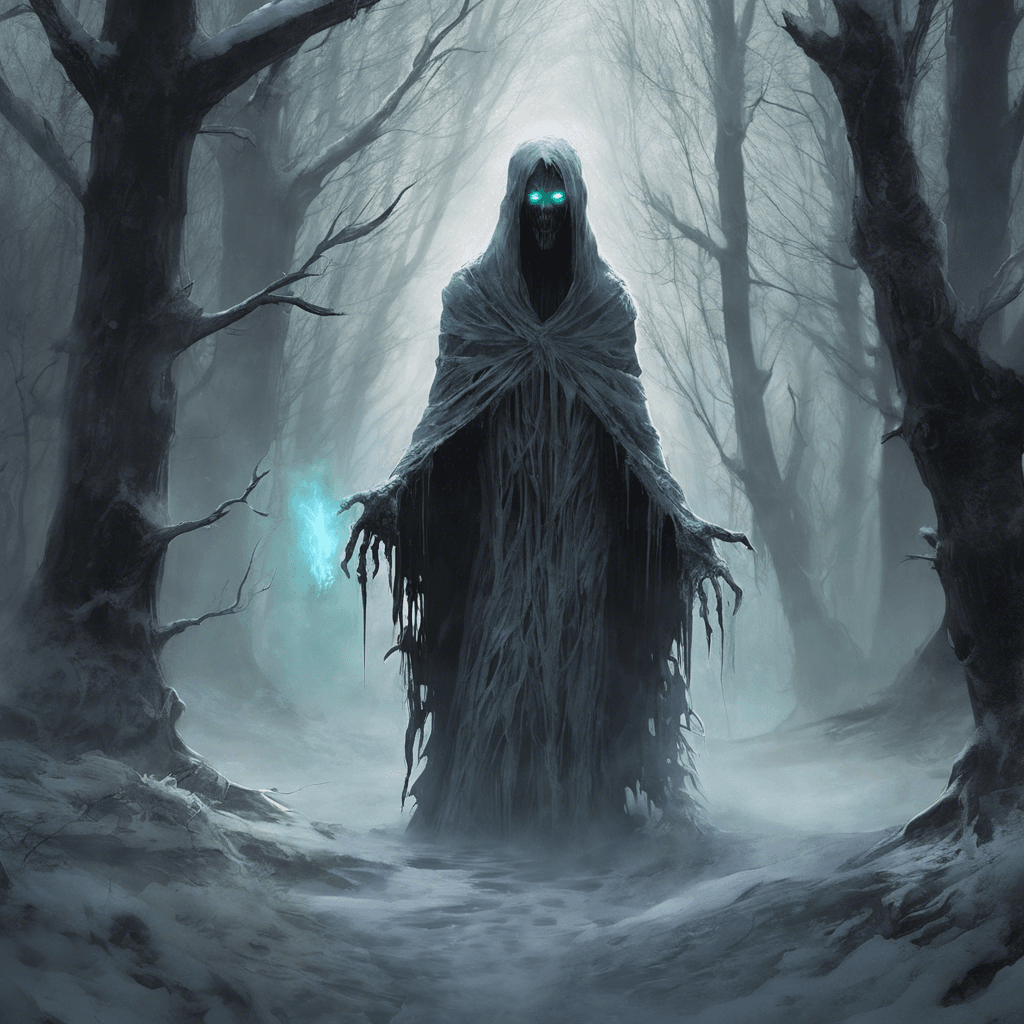 A wraith-like figure with glowing eyes and tattered robes, the Specter of the Black Woods emanates an icy chill that freezes the very air around it. Its ethereal form seems to shift and fade, making it difficult to grasp its true shape.