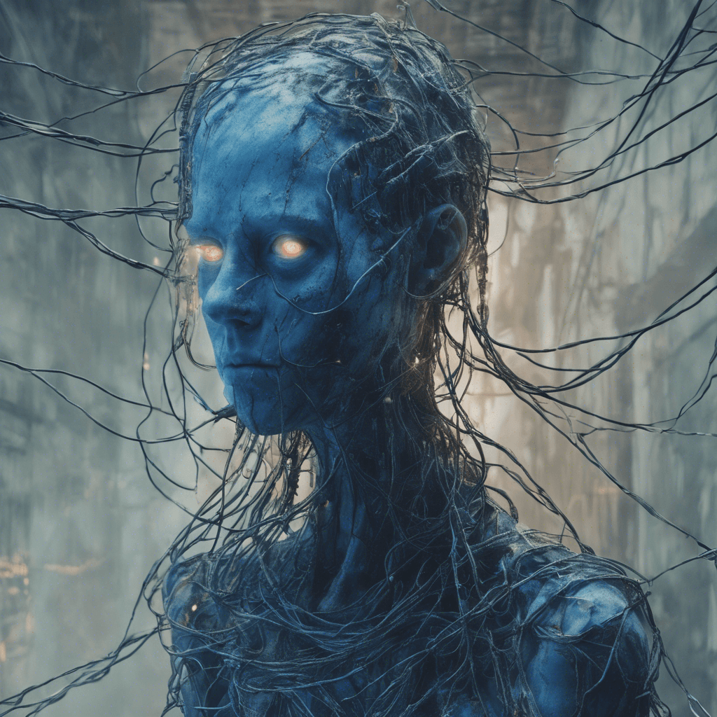 A ghostly figure, flickering with static and draped in the remnants of corroded cables. Its piercing digital eyes glow with a haunting blue light, and its body seems to be phasing in and out of reality.