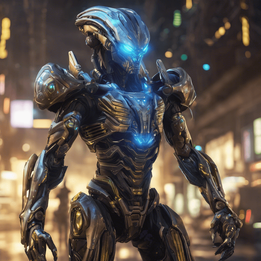 A towering, armor-clad humanoid alien with glowing cybernetic enhancements and an intricate exoskeleton showcasing advanced technology. It possesses multiple optical sensors and it holds an energy rifle pulsating with a menacing glow.