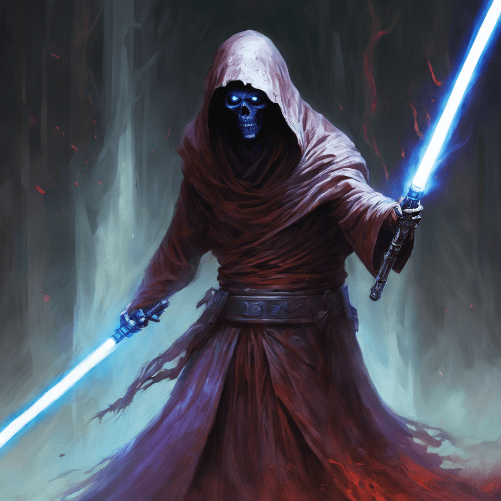 The Spectral Saboteur is a ghostly figure, shrouded in tattered Sith robes that hover above the ground. Ethereal energy crackles around its skeletal hands, and its eyes burn with an otherworldly blue flame. It wields a corroded crimson lightsaber, its blade flickering unstably.