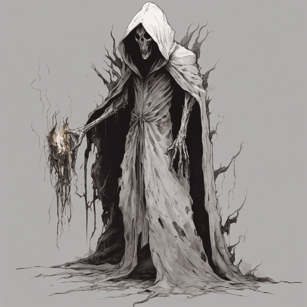 A hooded figure with pallid, decaying skin. Its eyes burn with an unholy fire, and its fingers end in cruel, elongated claws. Tattered robes hang loosely around its emaciated frame, whispering with the movement of unseen forces.