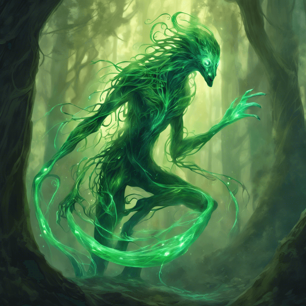 A creature with elongated sinewy limbs, cloaked in a shimmering aura of forest magic, its eyes glowing softly with an emerald hue. Ethereal wisps of energy coil around its form like vines.