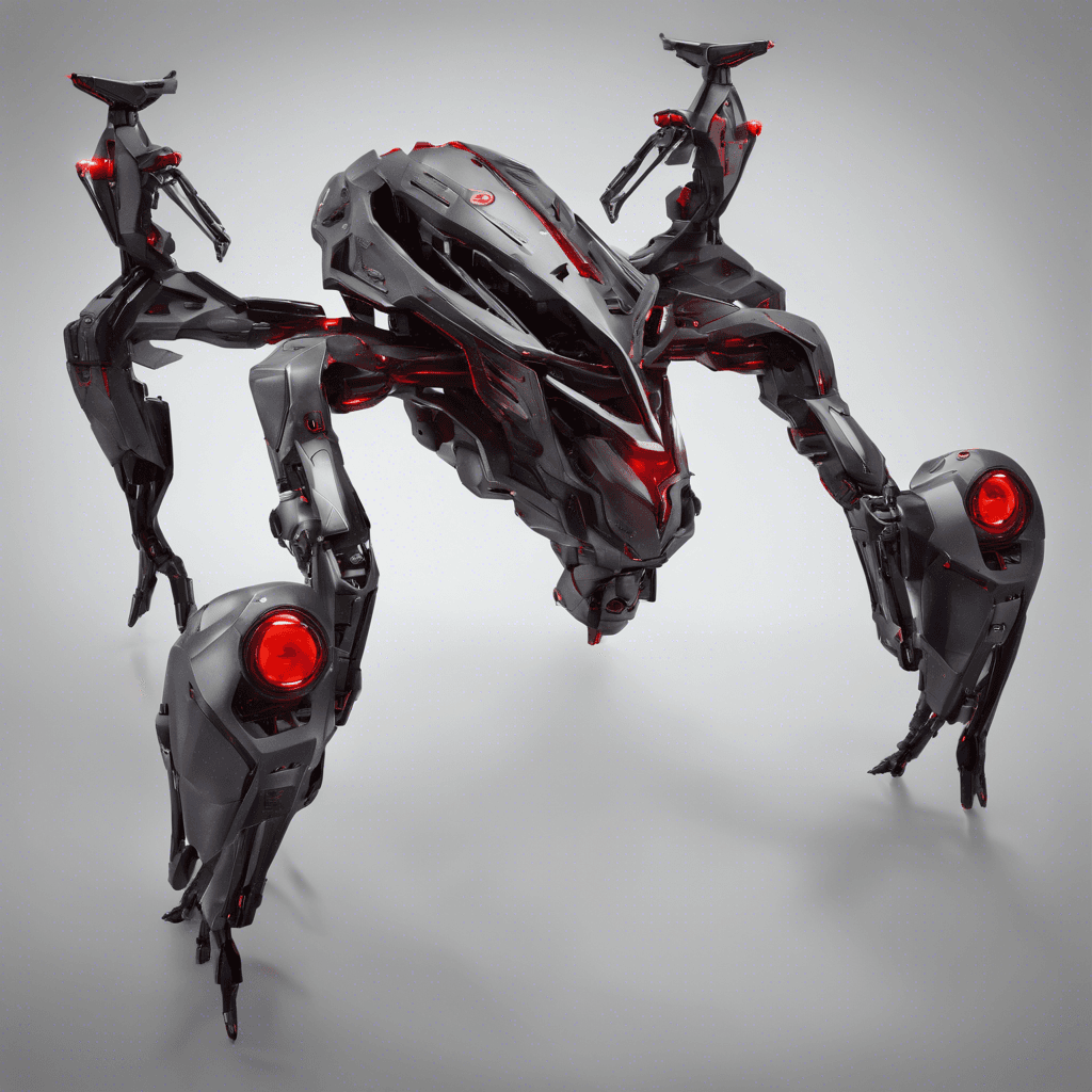 A sleek, metallic drone with angular features and a dark, gunmetal finish. It has a series of red optical sensors that glow ominously and multiple articulated arms, each equipped with a different weapon.