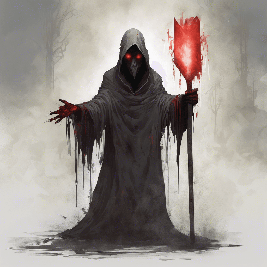 A spectral figure shrouded in tattered robes, with glowing red eyes peering out from the shadows of its hood, and ghostly translucent hands clutching a rusted, otherworldly shovel.