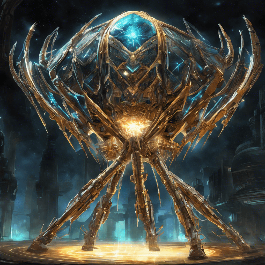 Star Ripper is a colossal mechanical entity, a patchwork of refractive plating and glowing energy lines that skitter across its twisted frame. Its central core pulses with a menacing light, hints of raw plasma energy seeping from the seams in its armor.