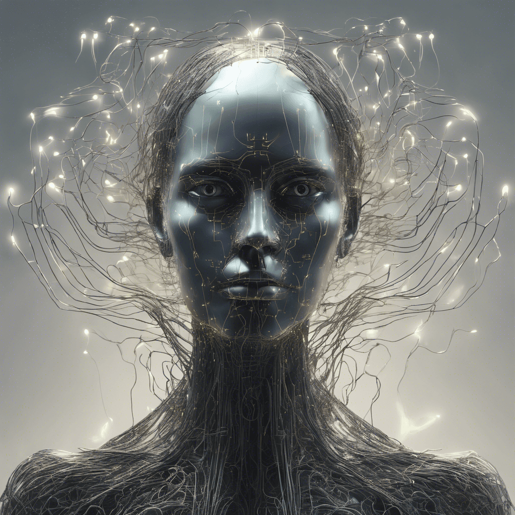 A luminous figure with tendrils of code streaming from its core, manifesting as a humanoid shape with a hauntingly featureless face and eyes glowing with raw data.