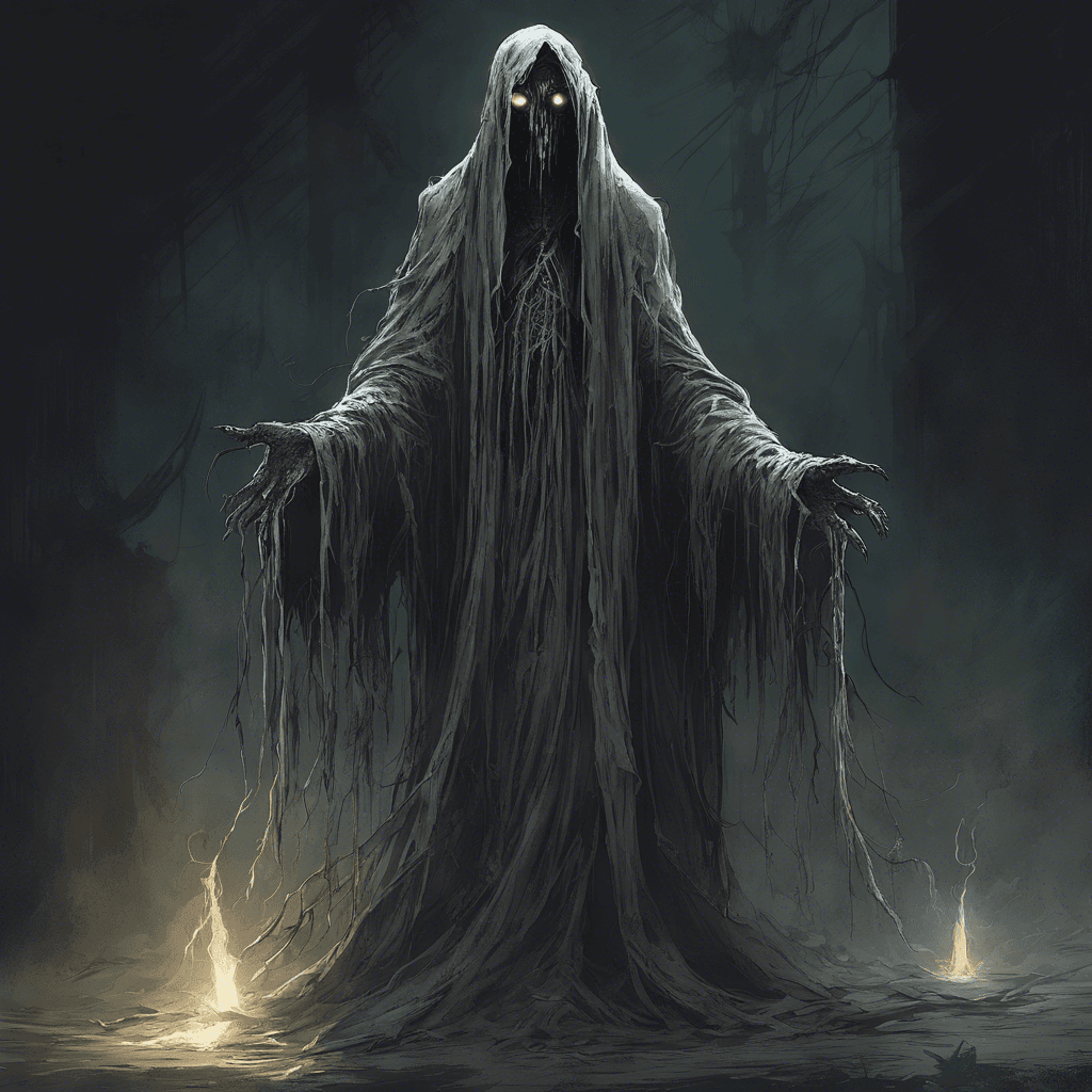 The Wraith is a spectral figure clad in tattered, ethereal robes, with glowing eyes that pierce through the darkness. It emits an eerie wail that sends chills down your spine, causing the temperature around it to drop suddenly. Its presence alone fills the room with a sense of dread.