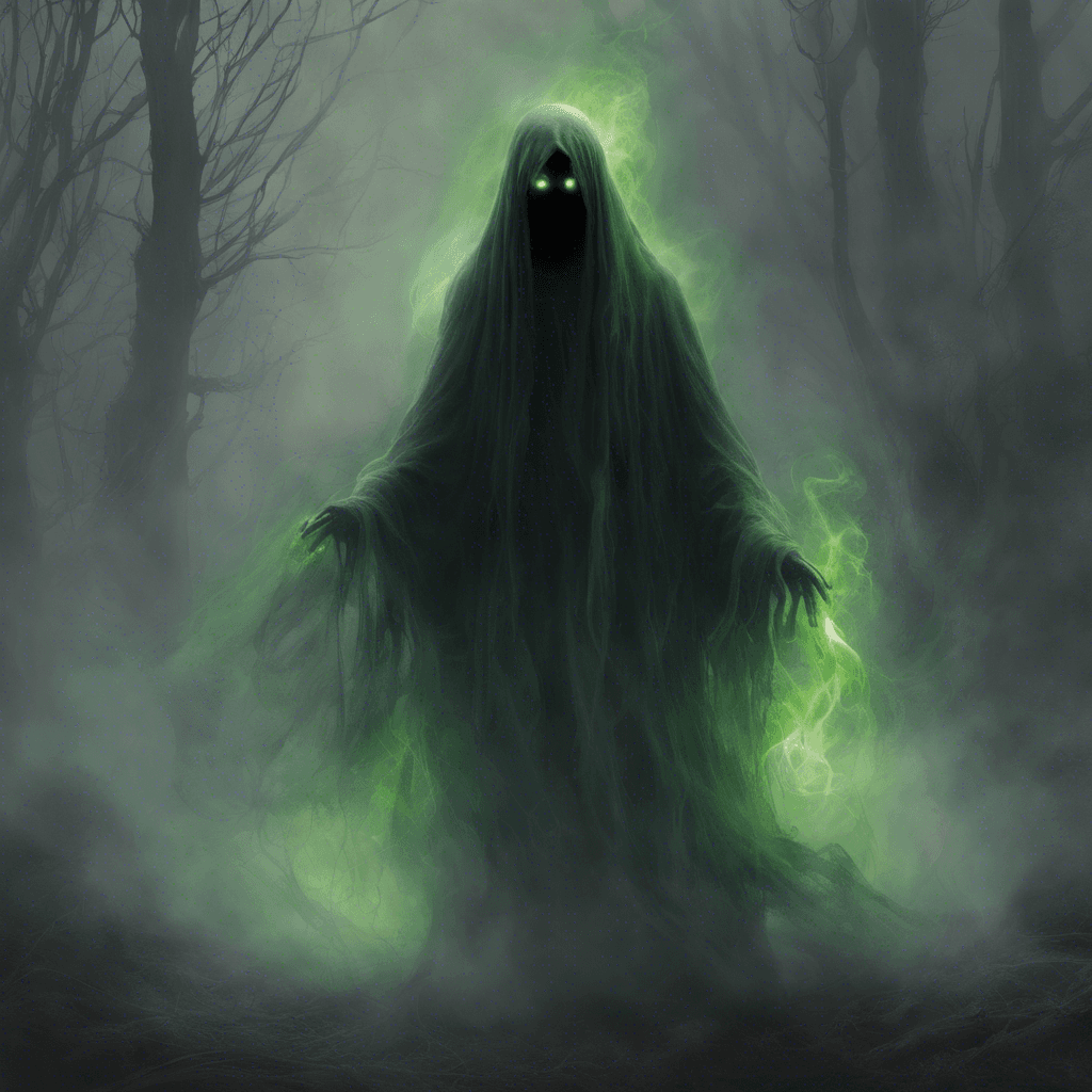 A ghostly figure, shrouded in wisps of dark mist, with hollow eyes that burn with a malevolent green flame.