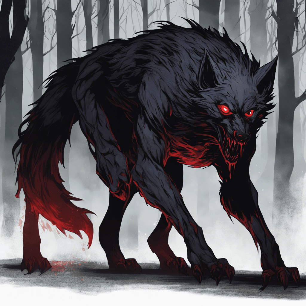 A creature made of darkness and malice, the Shadow Stalker is a bipedal, wolf-like entity with smoky tendrils emanating from its body and glowing red eyes that pierce through the gloom of the forest.