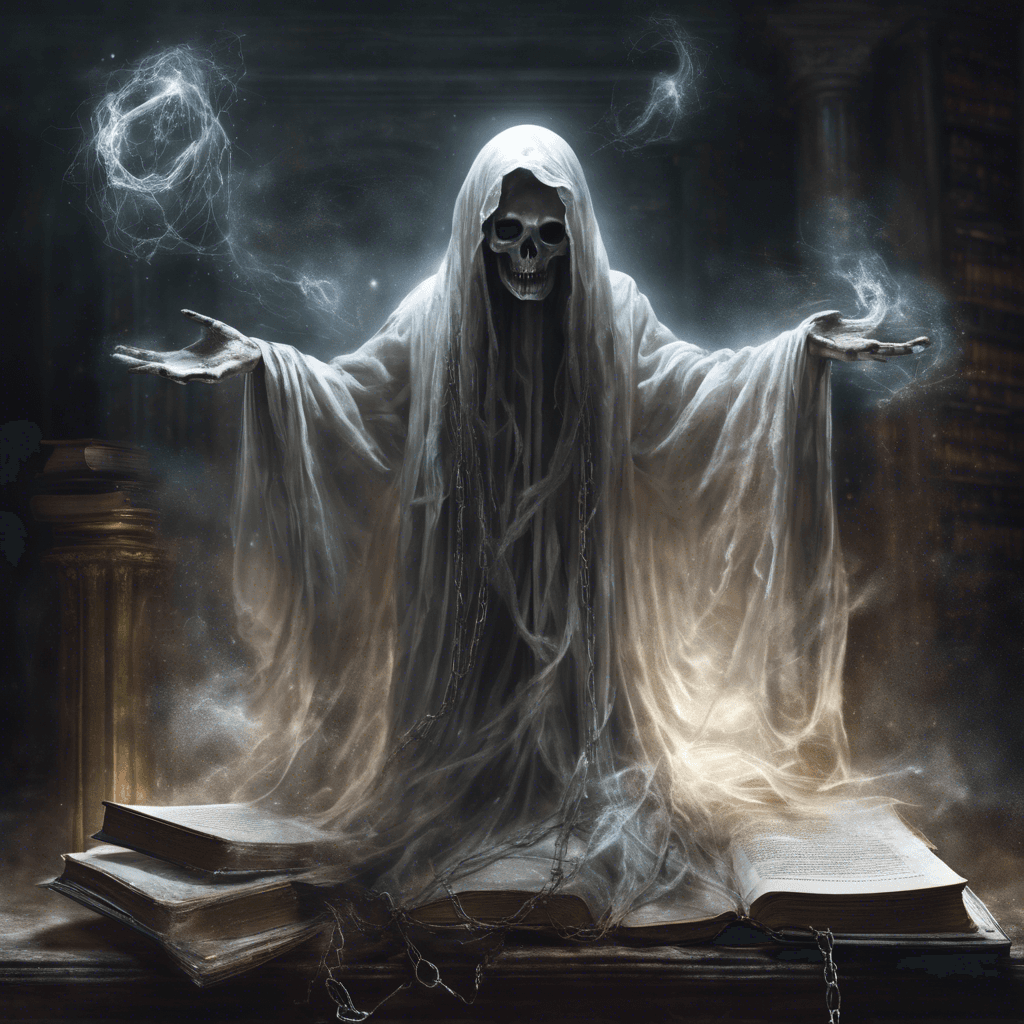 A ghostly apparition clad in tattered robes eternally hovering above the ground, with spectral chains wrapped around ancient books that float menacingly around it.