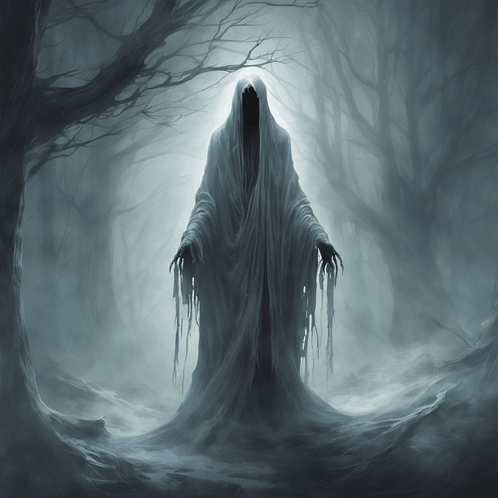 The Spectral Shade is a ghostly figure draped in tattered, ethereal robes, with hollow eyes that seem to pierce through the darkness. It emits an icy chill that freezes the air around it, creating an eerie mist wherever it hovers.