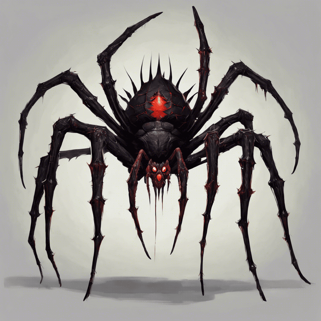 A gigantic spider with glossy black chitin, eight glowing red eyes, and sharp, venom-dripping fangs. Its legs are covered with thorny bristles and its abdomen pulses with a dark, malevolent energy.