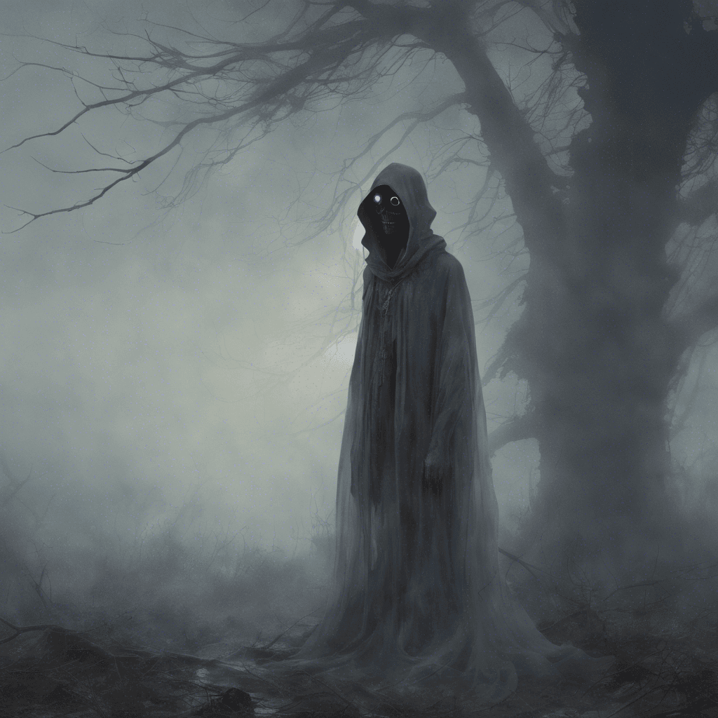 A wispy, translucent figure with an ethereal glow, cloaked in tattered remnants of period clothing, its eyes hollow yet piercing the fog with a haunting gaze.