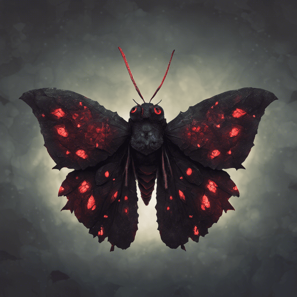 A large, shadowy moth with tattered, gossamer-like wings that exude a dark fog. Its eyes are glowing faintly with a sinister red light, and its body is covered with shimmering, miasmic scales.