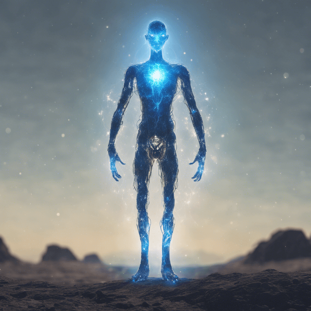 A shimmering humanoid shape with a semi-transparent body, like a silhouette made of light. Its eyes are bright blue orbs, and it seems to be composed of some sort of condensed energy field, crackling with electricity.