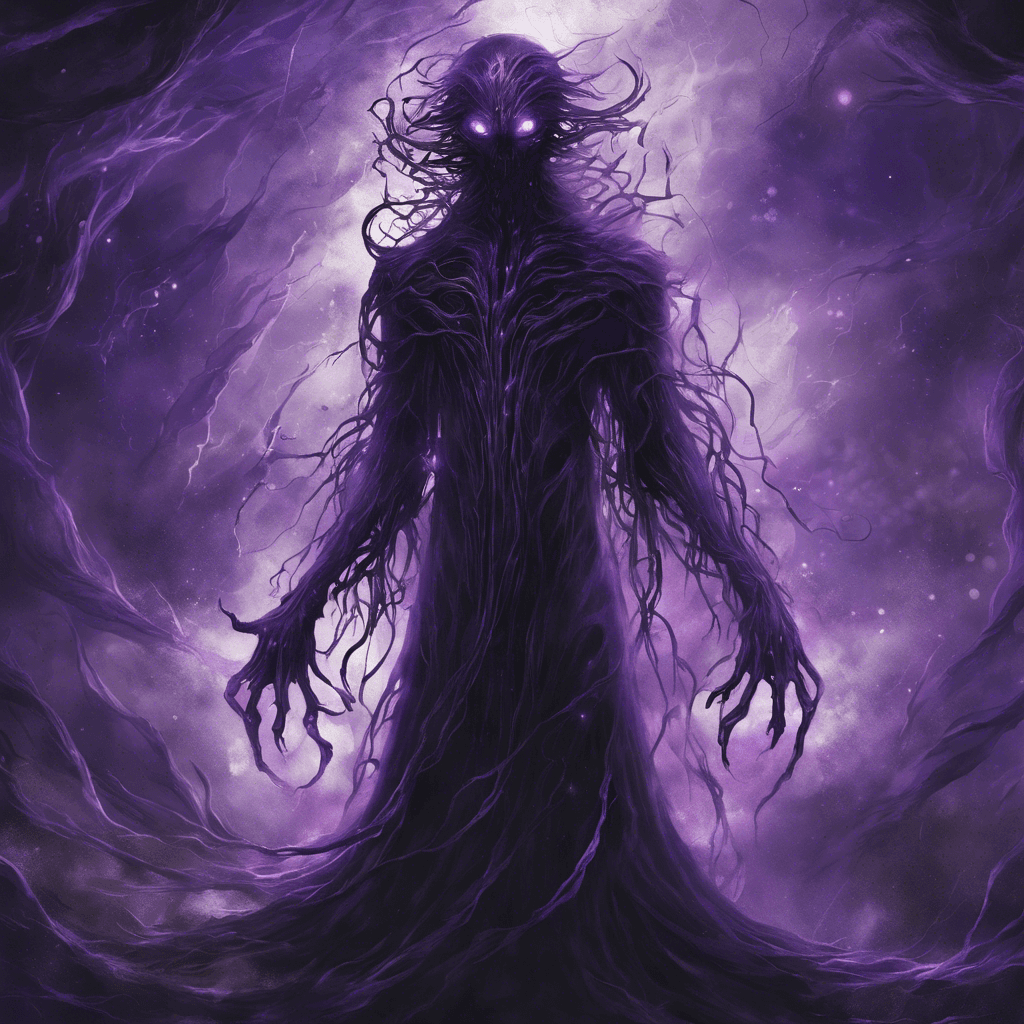 The Void Wraith is a shadowy entity with glowing purple eyes and dark tendrils emanating from its body. It moves silently through the cosmos, leaving a trail of darkness in its wake.