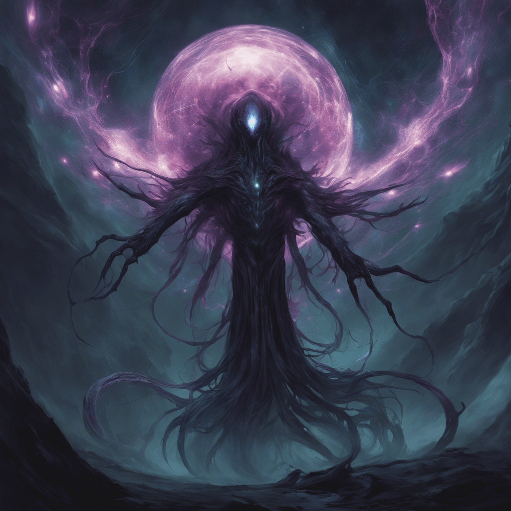 The Voidwalker is a creature from the depths of space, its body a swirling mass of dark energy that seems to consume all light around it. Its presence distorts reality, causing visions of otherworldly landscapes to flicker in and out of view. It moves with an eerie grace, silent and swift.