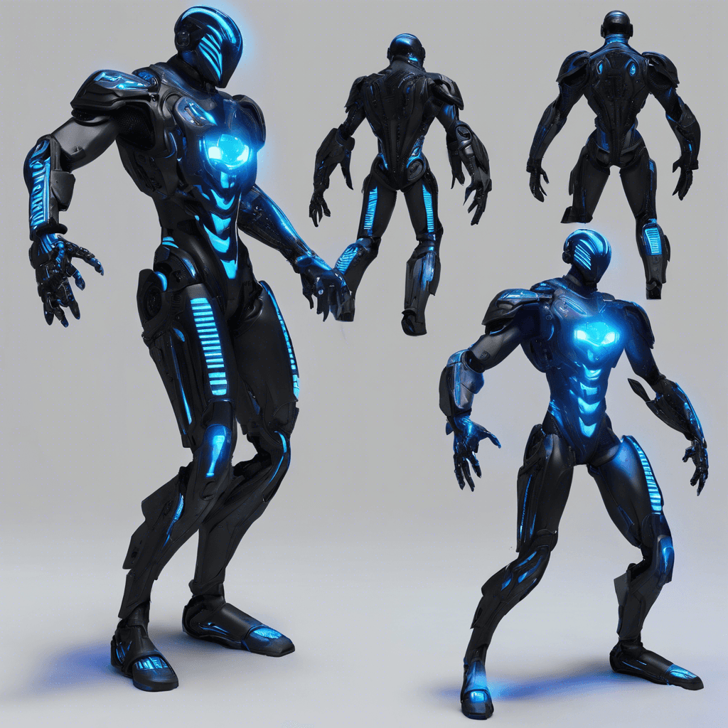 The Neo-Shade is a sleek, humanoid figure completely clad in black cybernetic armor, with glowing neon blue circuit patterns running across its body. Its eyes are hidden behind a reflective visor, and its movements are silent and precise.