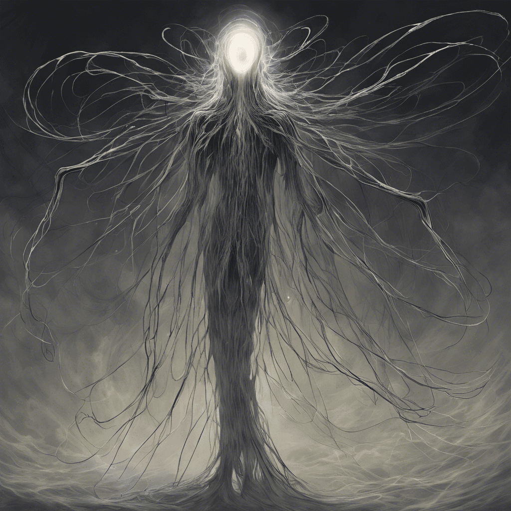 A spectral entity that shimmers with dark energy, phasing in and out of visibility. Its long, wispy tendrils dance menacingly in the void, and its hollow eyes burn with a ghostly light.