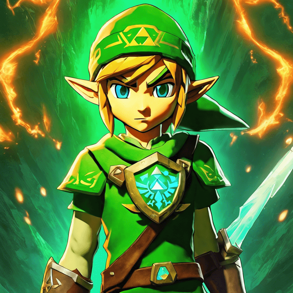 A rogue digital avatar with startling resemblance to the iconic Link from 'The Legend of Zelda'. It wields a glowing energy sword and a reflective energy shield, donning a tattered virtual tunic and a faded green cap. The avatar's eyes glow with a fiery intensity as it phases in and out of the digital landscape of the prehistoric world, a clear glitch in its cybernetic matrix.