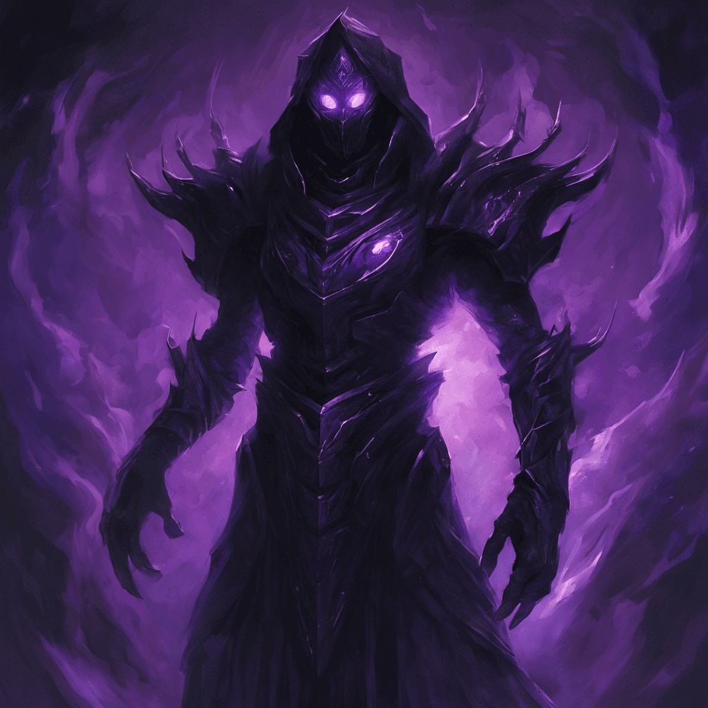 The Void Drifter is a shadowy figure, clad in dark, shimmering armor that seems to absorb all light around it. Its eyes glow with an eerie purple hue, and its movements are unsettlingly swift and silent. The air around it seems to distort, as if reality itself is warping in its presence.