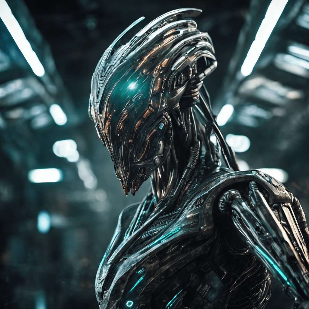 The Xeno-Cyber Sentinel is a towering humanoid figure adorned in advanced alien technology, with glowing energy circuits running along its metallic frame. It wields a combination of plasma cannons and energy blades, poised for combat. Its presence exudes a mix of alien precision and mechanical menace.