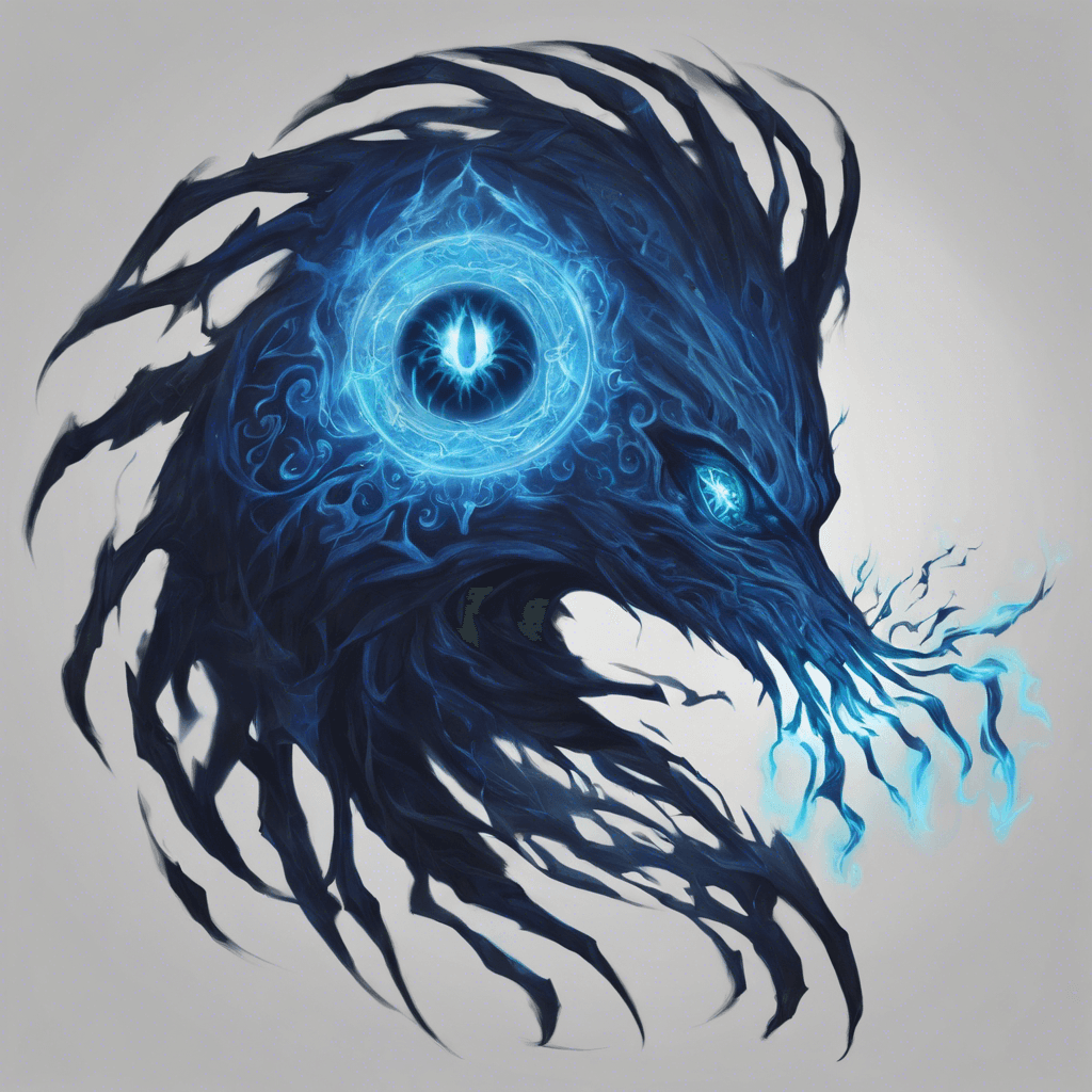 A specter composed of shadowy tendrils, eyes glowing like blue fire, with ancient runes blazing across its incorporeal form.