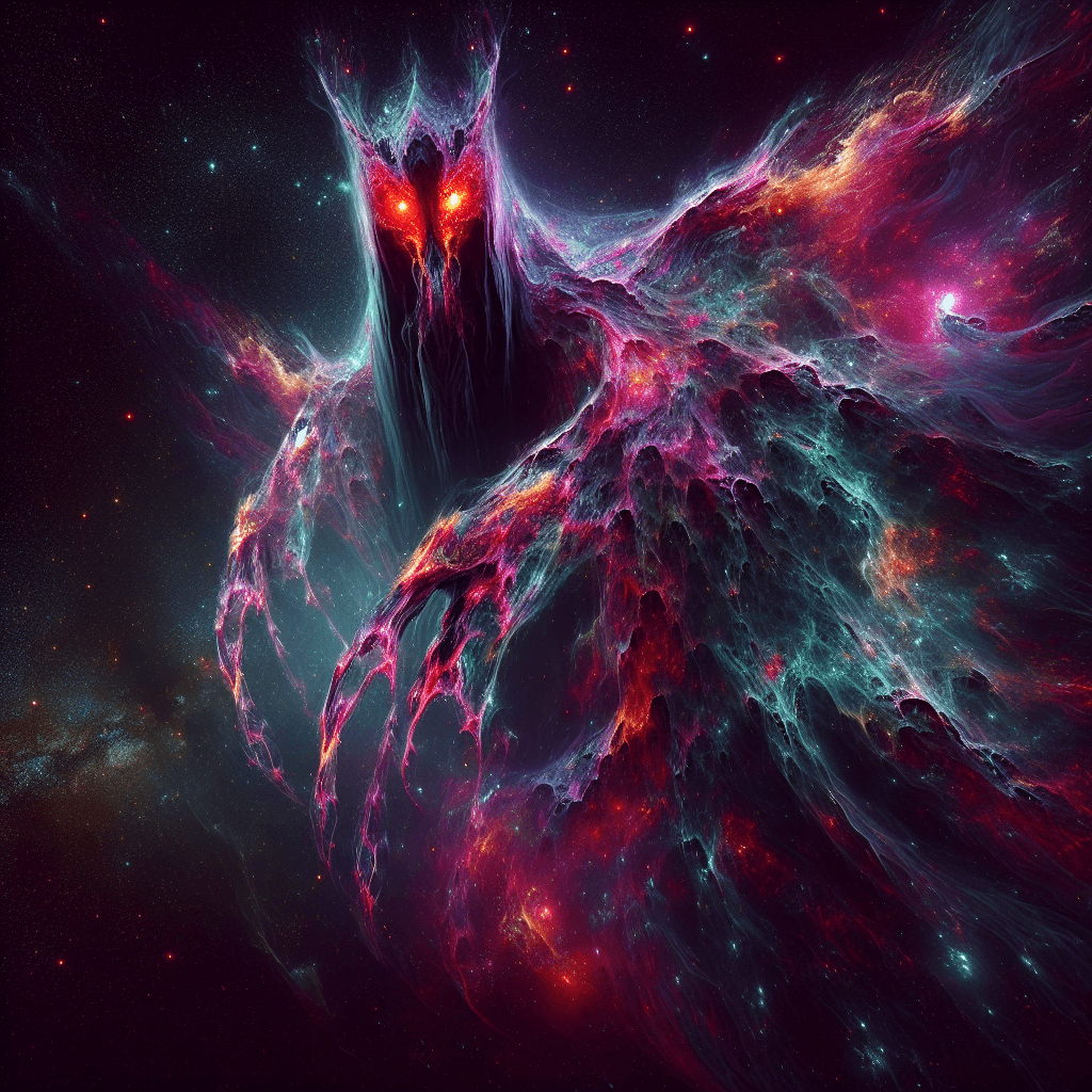 The Nebular Wraith manifests as a swirling mass of dark energy, cloaked in the remnants of nebula dust. It has gleaming red eyes and elongated, claw-like appendages that seem to phase in and out of reality.