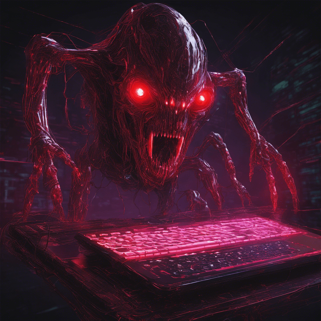 The Data Devourer is a menacing digital entity, composed of swirling code and malicious software. It hovers in the air, its form a distorted glitch in the neon-lit reality. It has bright red eyes that beam like corrupted searchlights, scanning for vulnerabilities in any system it encounters.