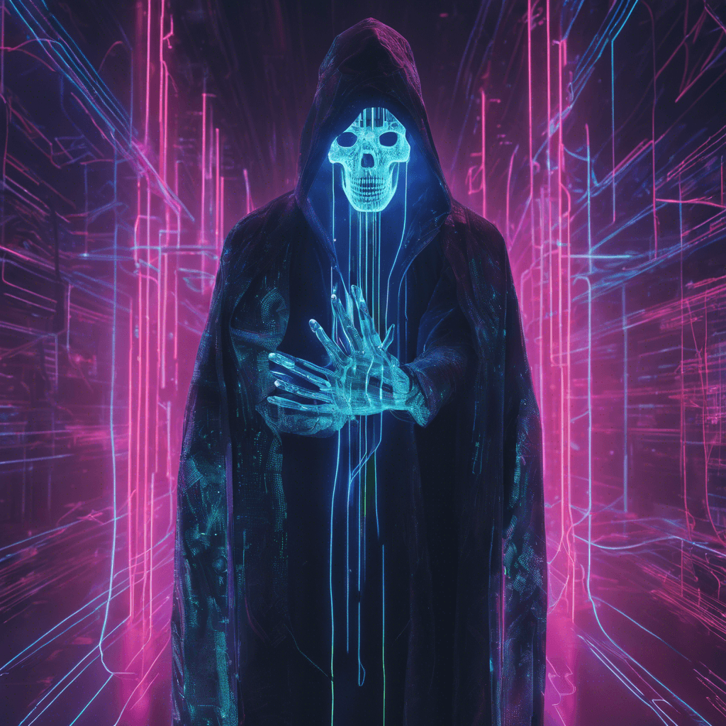 A tall figure shrouded in a digital cloak that flickers with corrupted data, its face obscured by a holographic skull mask. Neon lines pulsate along its limbs, and its fingers end in various tech-interfaces.