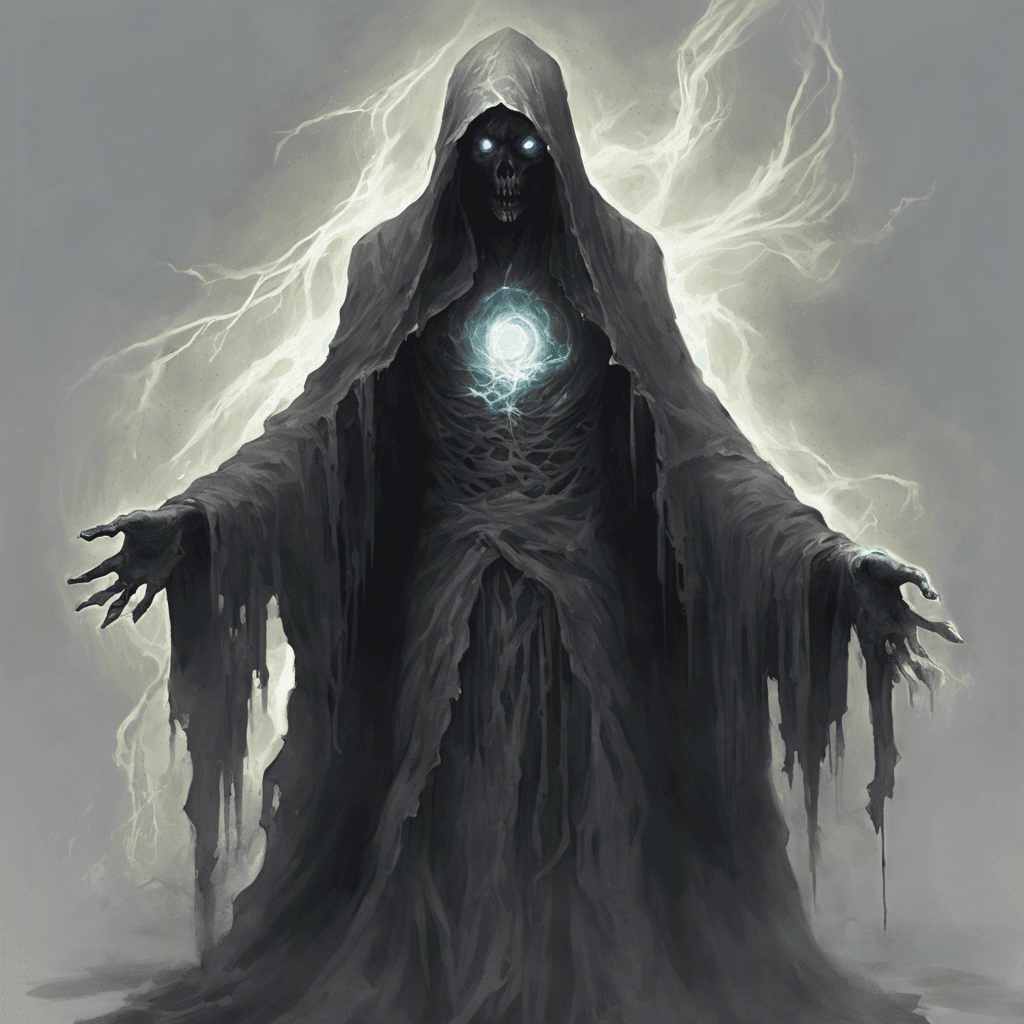 The Spectral Harbinger is a ghostly figure cloaked in tattered robes, its form flickering in and out of existence as if it's not fully present in this realm. Its eyes glow with an otherworldly light, and a chilling aura emanates from its outstretched hand, sending shivers down your spine.