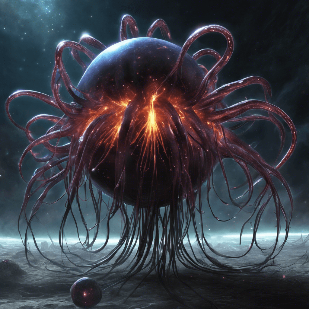 This enemy appears as a gelatinous orb with a pulsating core of dark energy. Numerous elongated tentacles with metallic ends, resembling electrical probes, whip out from its mass. Its movements leave behind a trail of sparking, sizzling energy.