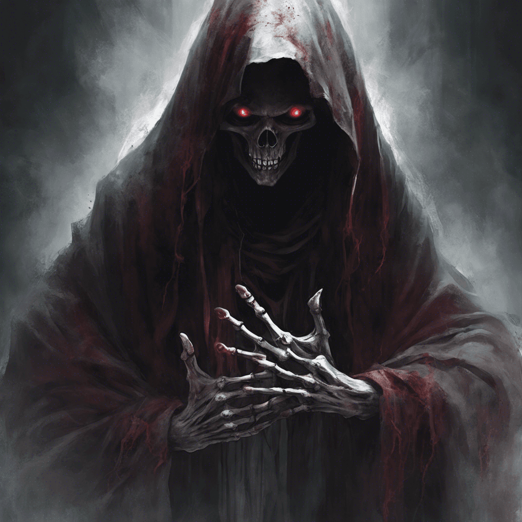 A spectral figure cloaked in tattered robes that blend into the shadows. Its face is hidden within the darkness of its hood, only two malicious crimson eyes can be seen. Its hands are skeletal, with wisps of ethereal energy emanating from its fingertips.