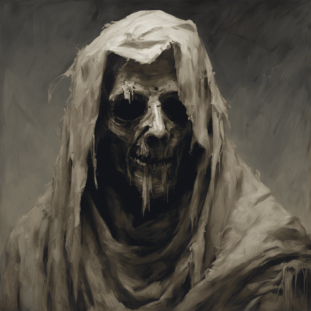 A decrepit figure draped in tattered servant's garb, its gaunt face a pale mask of sorrow with two dark, empty cavities where eyes should be. Its slow, shuffling gait and the quiet moan that escapes its lipless mouth evoke dread and despair.