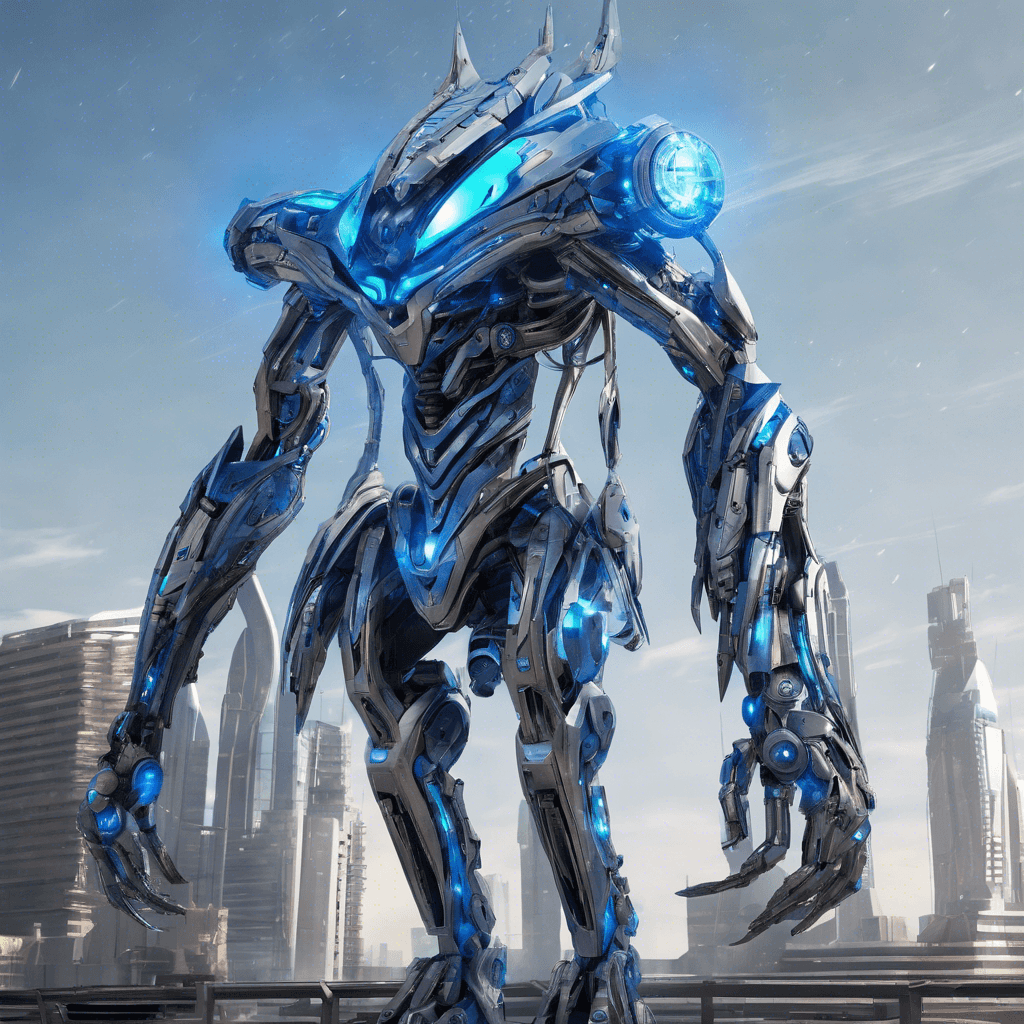 A towering mechanical construct with smooth, metallic surfaces, glowing blue energy cores, and pulsating wires. Its design is sleek yet intimidating, with articulated limbs ending in various tools and weapons.