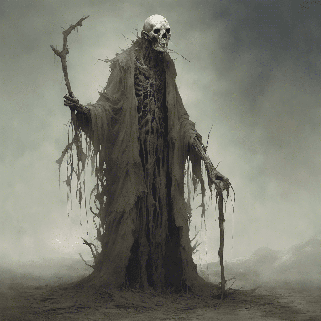 A tall, emaciated figure clad in tattered groundskeeper garb, with pallid skin stretched over protruding bones. Ethereal mist weaves through its form, and its eyes are hollow pits of despair.