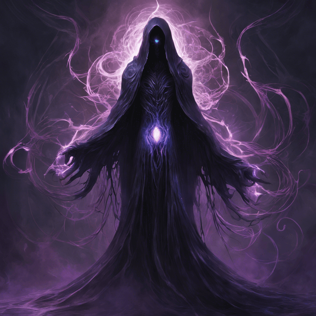 The Voidwalker is a mysterious being cloaked in darkness, with shimmering tendrils of energy extending from its body. Its form seems to constantly shift and warp, making it difficult to focus on. Its eyes glow with an otherworldly light, revealing an unsettling intelligence behind the shadows.