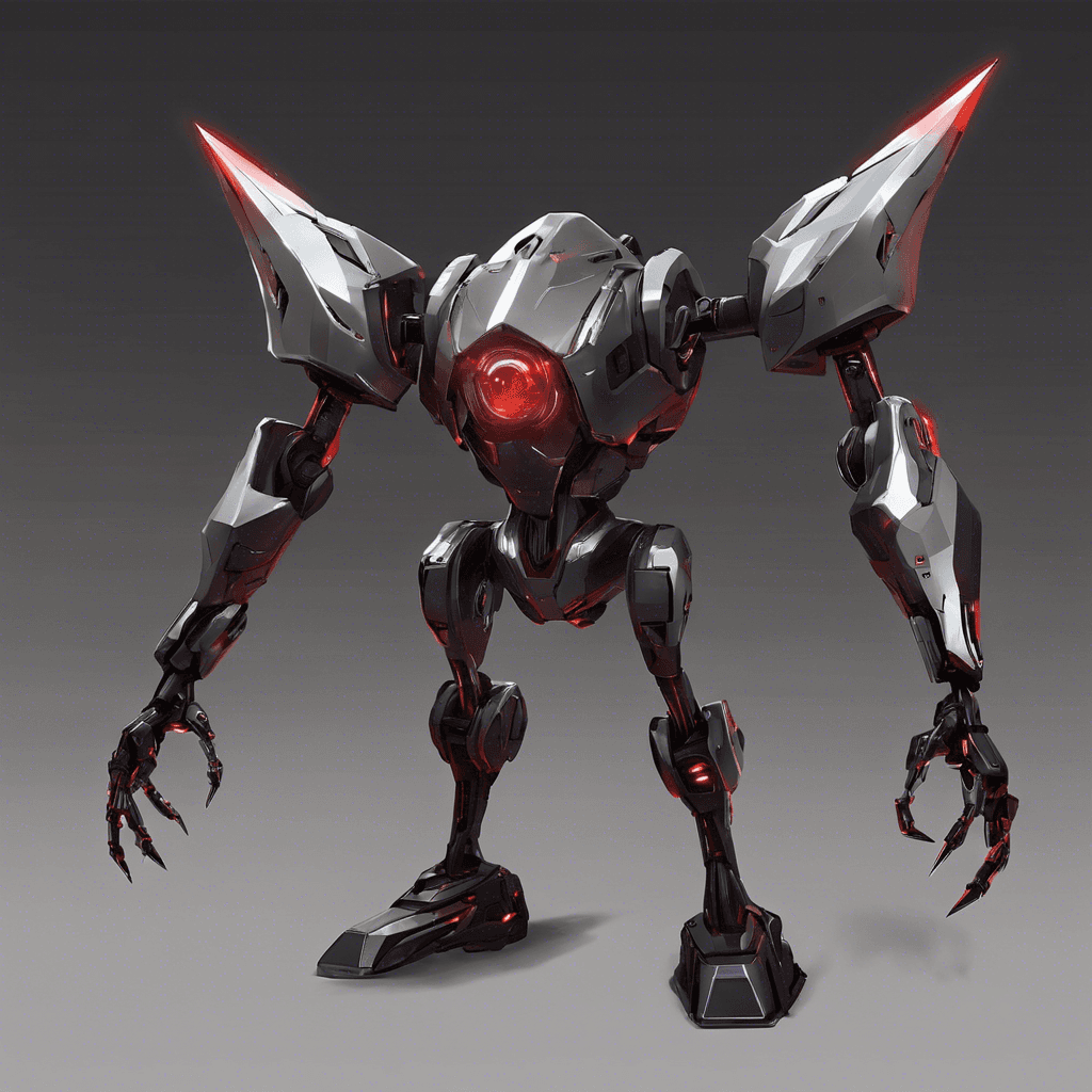 A robotic enemy with a sleek metallic body, sharp angular features, and glowing red sensors for eyes. It moves with mechanical precision, emitting an ominous hum from its power core.