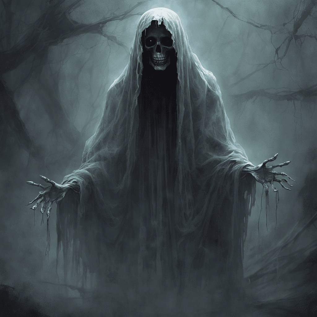 A translucent apparition, ethereal and cloaked in tattered remnants of a burial shroud. Its face, a hollow void, emits a horrid wail that chills to the bone, and its bony fingers reach out as though to consume the living essence of anyone near.