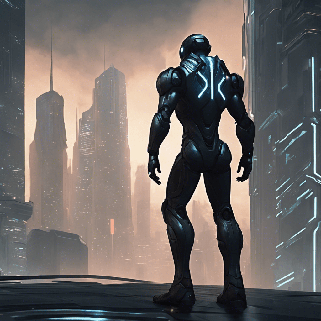 A shadowy figure in a sleek, dark exo-suit equipped with high-tech espionage gadgets, exuding an aura of danger and subterfuge. The suit has a cloaking device, making the figure almost invisible against the backdrop of the futuristic city.