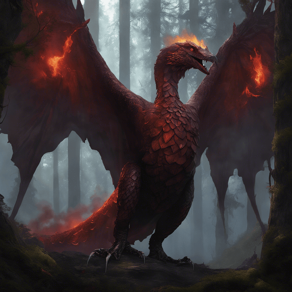 A towering, scale-covered drake with eyes glowing like molten lava and smoke billowing from its nostrils, its dark red scales glistening with an inner fire against the backdrop of the shadowy forest.