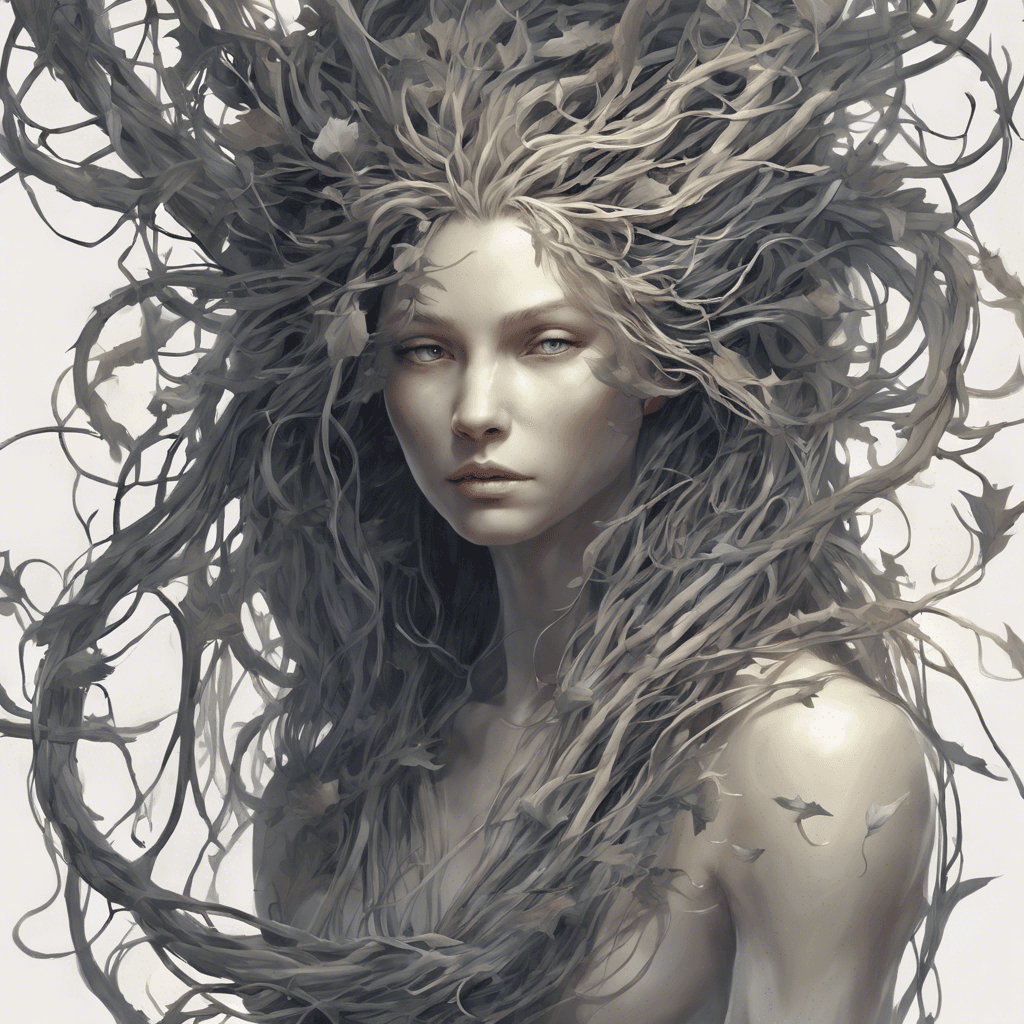 A captivating creature with a humanoid form, adorned with thorny vines wrapping around its body like sensual armor. It has a seductive aura emanating from it, with long flowing hair that seems to be made of thin, delicate tendrils.