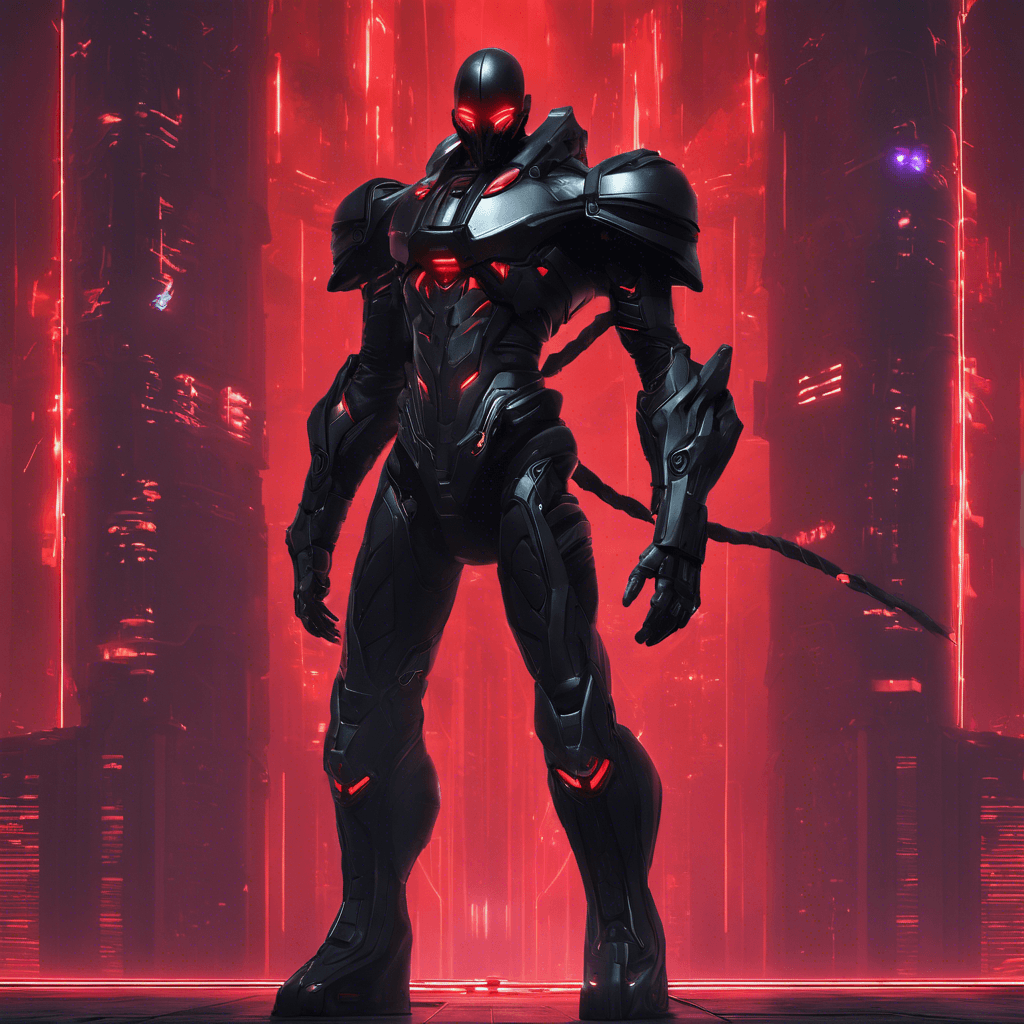 A towering figure clad in a matte black exosuit, with glowing red optics, brandishing a lethal monowire whip that crackles with electric energy, sleek and menacing in appearance.