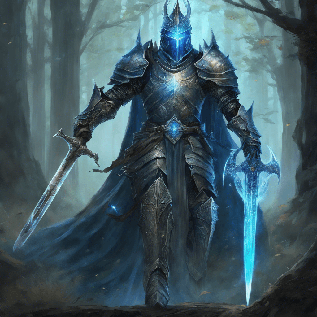 A tall, armored knight emanating a ghostly blue aura, with empty, soul-piercing eyes visible through the slit of its helm. The armor is old and engraved with forest runes, and a spectral sword glows with ethereal energy.