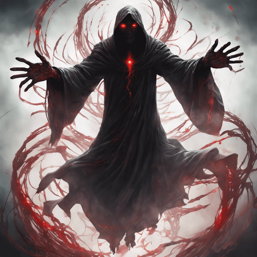 A shadowy figure with tattered robes floating above the ground, its glowing red eyes emanating a sense of dread, and tendrils of dark energy swirling around its outstretched, claw-like hands.