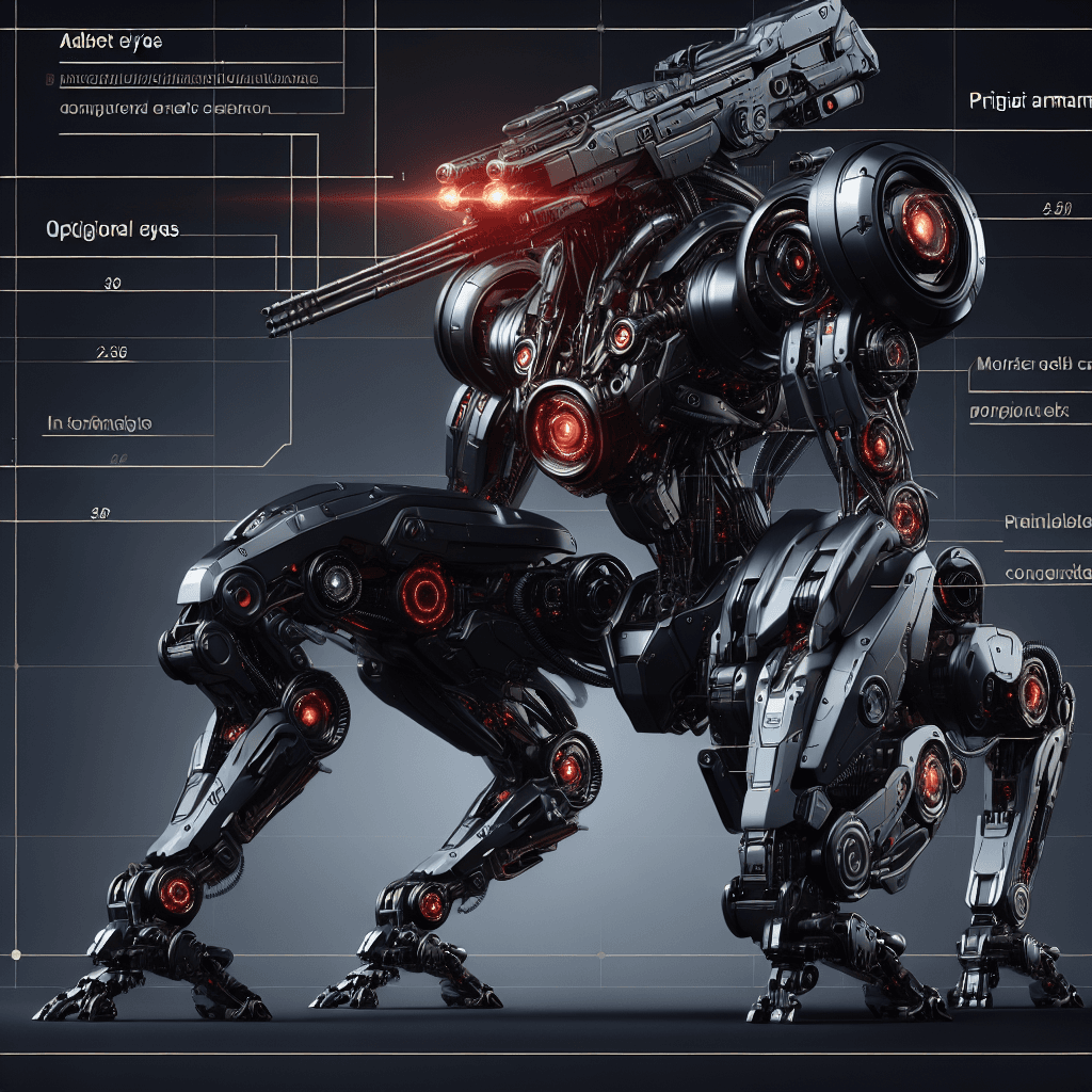 A quadrupedal robotic enforcer, sleek and black with a steel exoskeleton, red optical sensors for eyes, and armed with a mounted energy cannon.