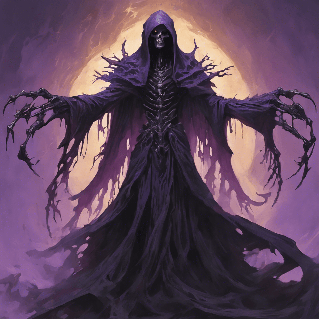 A wraithlike figure, cloaked in tattered ebony robes that flutter without wind; its eyes, two piercing beacons of malevolent violet light, seemingly drain the warmth from the air. Its hands are gnarled and skeletal, with elongated fingers that end in razor-sharp talons.